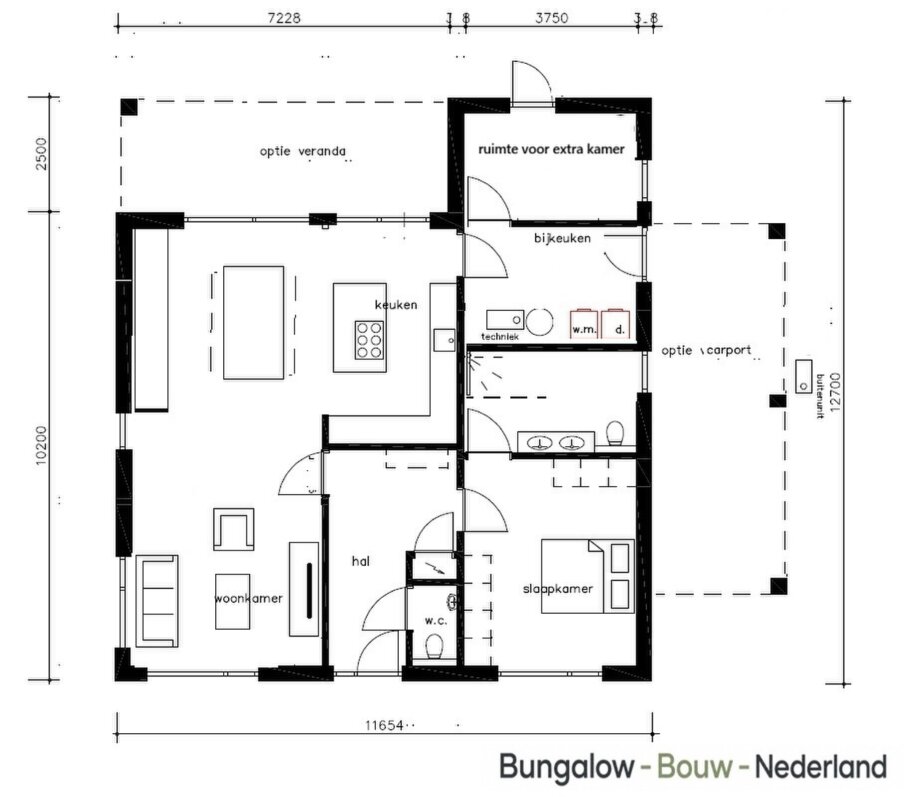 plattegrond en voorbeeld indelingen van ontwerp L184 gelijkvloerse woning met plat dak