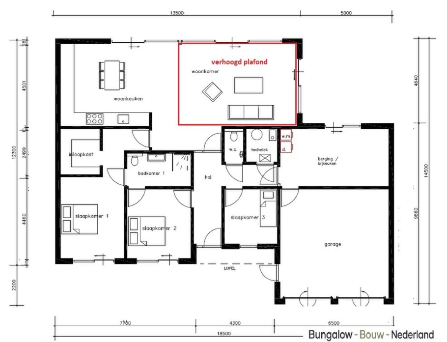 Plattegrond Moderne bungalow L-170 met verhoogde woonkamer en hoog plafond