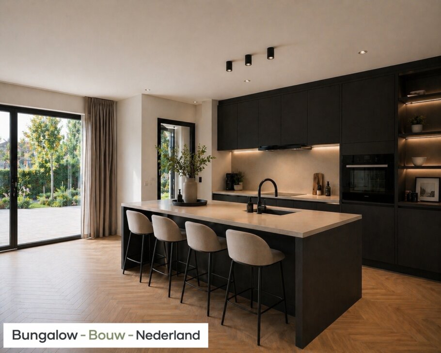 Modern interieur van een levensloopbestendige bungalow met veel licht en luxe afwerking