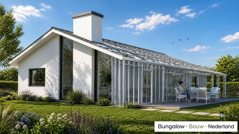 Moderne levensloopbestendige bungalow LK-136 met strakke architectuur, grote raampartijen en energiezuinige staalframebouw uitvoering
