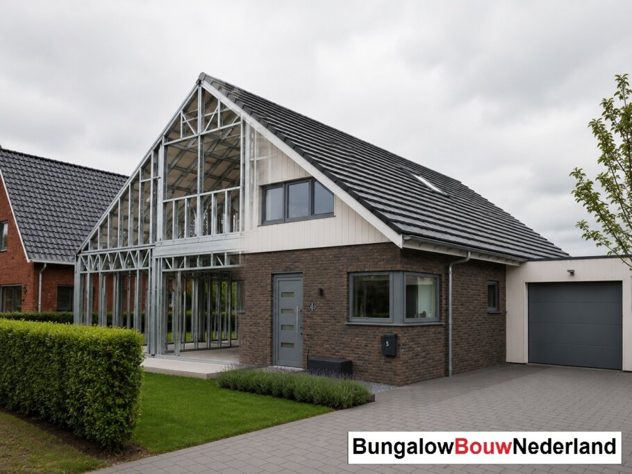 Moderne woning in staalframebouw waarbij de prefab staalconstructie vloeiend overgaat in de gerealiseerde luxe woning met moderne architectuur