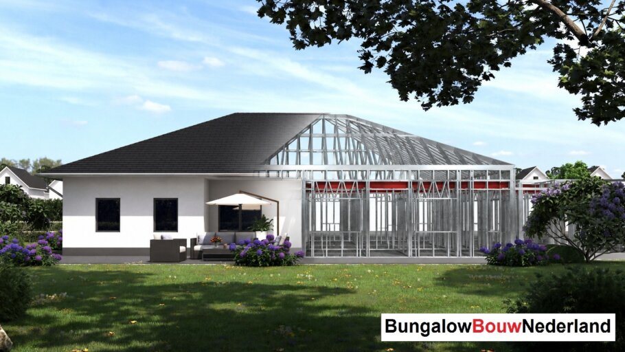 Moderne woning in staalframebouw waarbij de prefab staalconstructie vloeiend overgaat in de gerealiseerde luxe woning met moderne architectuur