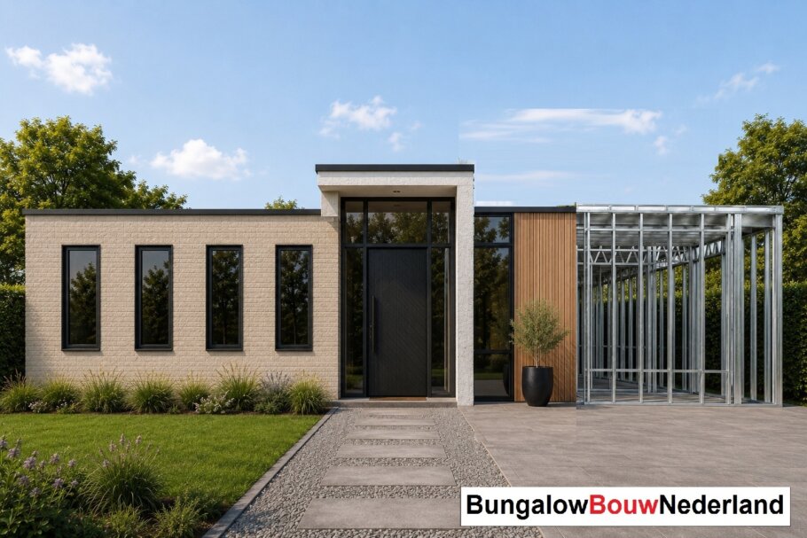 Moderne woning in staalframebouw waarbij de prefab staalconstructie vloeiend overgaat in de gerealiseerde luxe woning met moderne architectuur