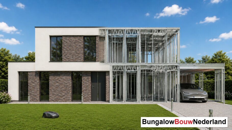 Moderne woning in staalframebouw waarbij de prefab staalconstructie vloeiend overgaat in de gerealiseerde luxe woning met moderne architectuur