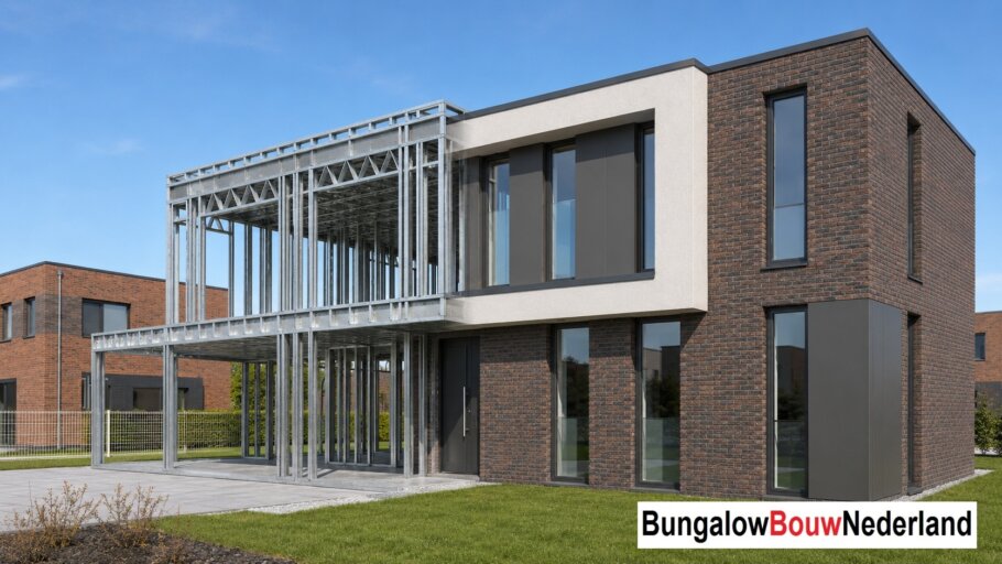 Moderne woning in staalframebouw waarbij de prefab staalconstructie vloeiend overgaat in de gerealiseerde luxe woning met moderne architectuur