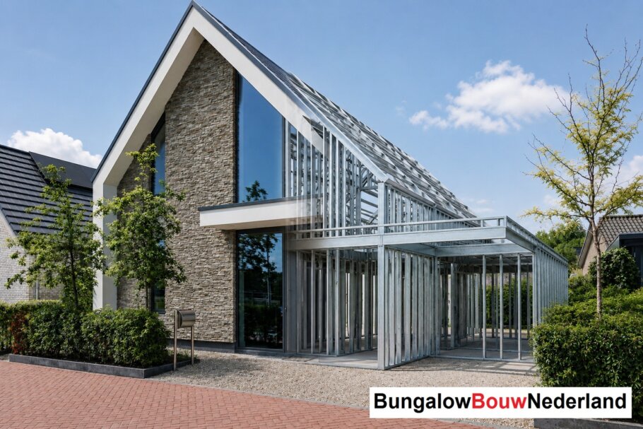 Moderne woning in staalframebouw waarbij de prefab staalconstructie vloeiend overgaat in de gerealiseerde luxe woning met moderne architectuur