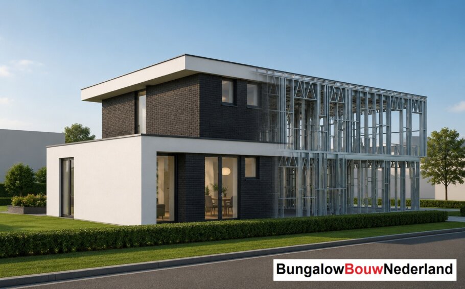 Moderne woning in staalframebouw waarbij de prefab staalconstructie vloeiend overgaat in de gerealiseerde luxe woning met moderne architectuur
