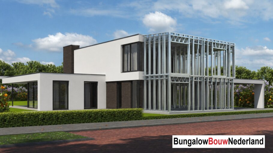 Moderne woning in staalframebouw waarbij de prefab staalconstructie vloeiend overgaat in de gerealiseerde luxe woning met moderne architectuur