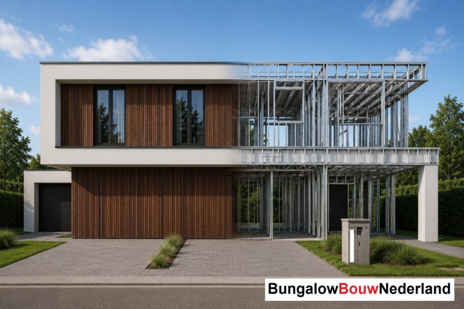Moderne woning in staalframebouw waarbij de prefab staalconstructie vloeiend overgaat in de gerealiseerde luxe woning met moderne architectuur
