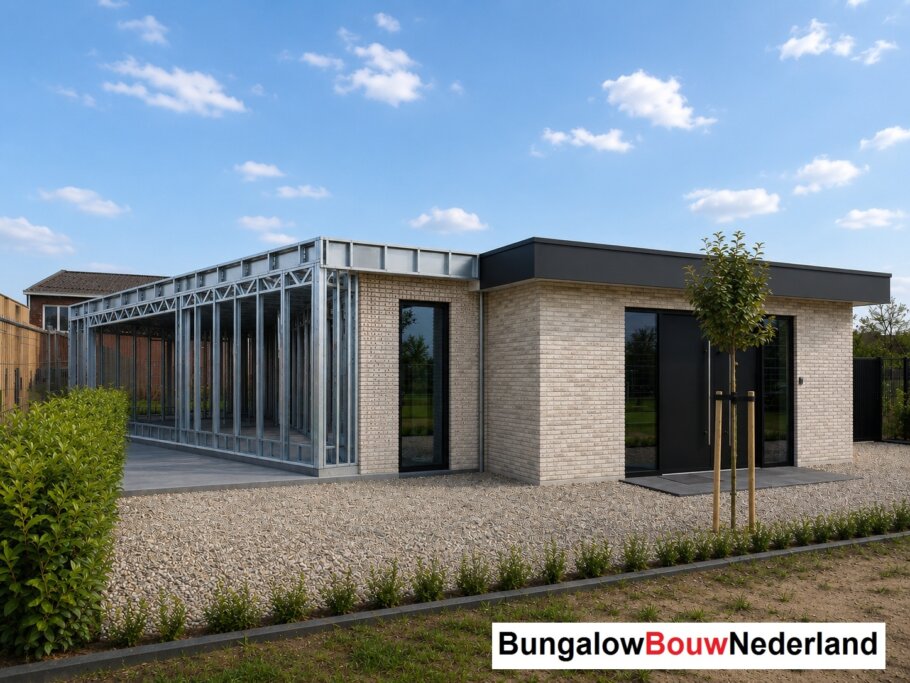 Moderne woning in staalframebouw waarbij de prefab staalconstructie vloeiend overgaat in de gerealiseerde luxe woning met moderne architectuur