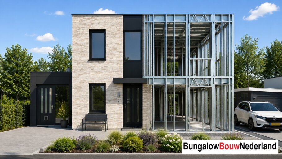 Moderne woning in staalframebouw waarbij de prefab staalconstructie vloeiend overgaat in de gerealiseerde luxe woning met moderne architectuur