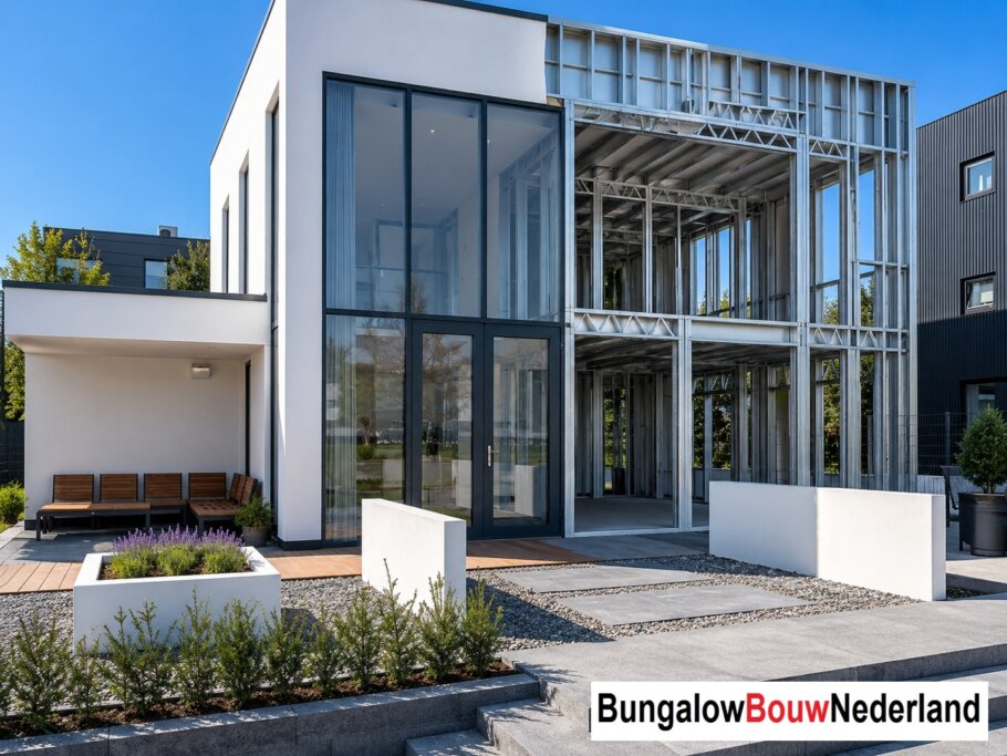 Moderne woning in staalframebouw waarbij de prefab staalconstructie vloeiend overgaat in de gerealiseerde luxe woning met moderne architectuur
