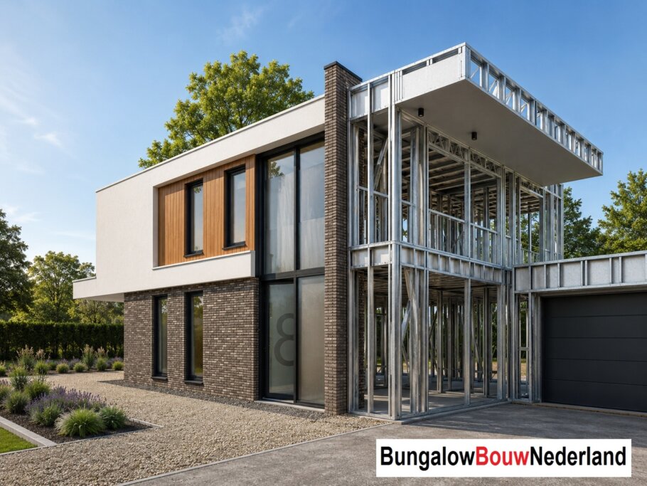 Moderne woning in staalframebouw waarbij de prefab staalconstructie vloeiend overgaat in de gerealiseerde luxe woning met moderne architectuur