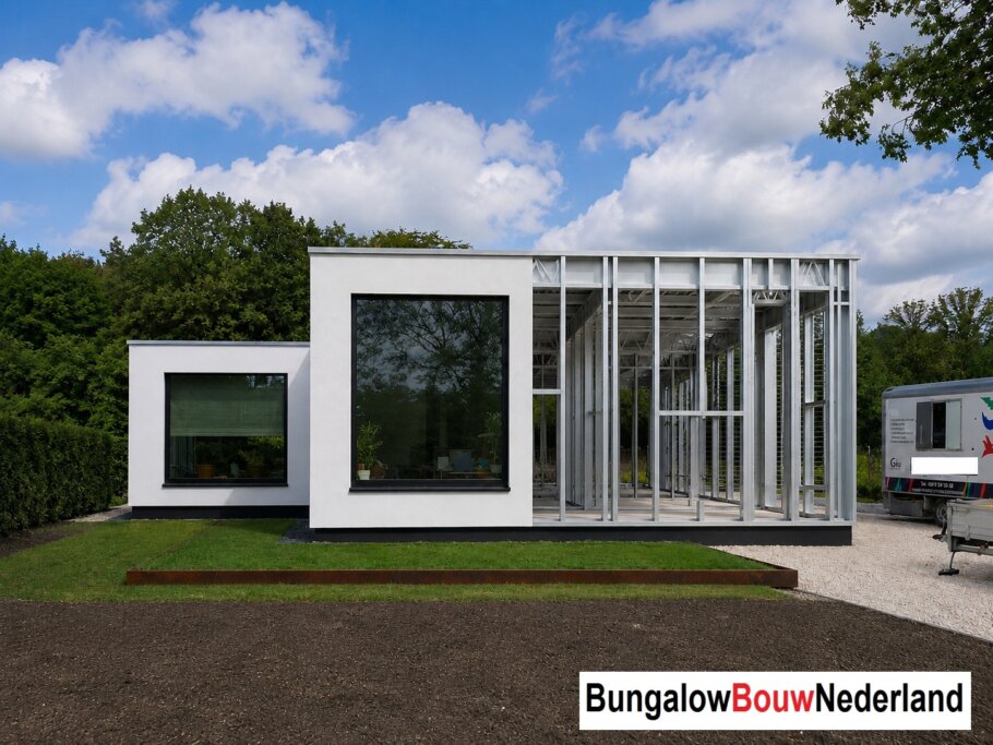 Moderne woning in staalframebouw waarbij de prefab staalconstructie vloeiend overgaat in de gerealiseerde luxe woning met moderne architectuur