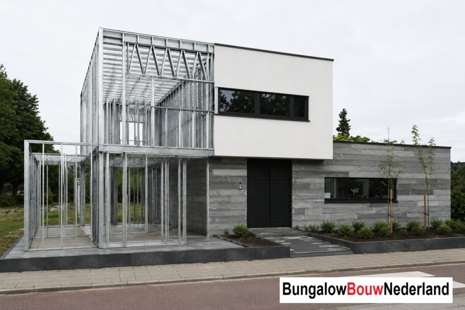 Moderne woning in staalframebouw waarbij de prefab staalconstructie vloeiend overgaat in de gerealiseerde luxe woning met moderne architectuur
