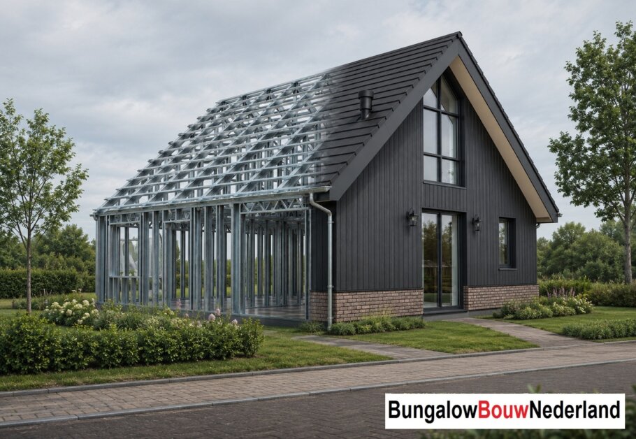 Moderne woning in staalframebouw waarbij de prefab staalconstructie vloeiend overgaat in de gerealiseerde luxe woning met moderne architectuur