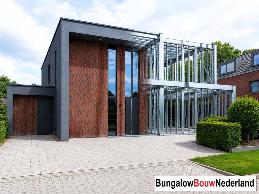 Moderne woning in staalframebouw waarbij de prefab staalconstructie vloeiend overgaat in de gerealiseerde luxe woning met moderne architectuur
