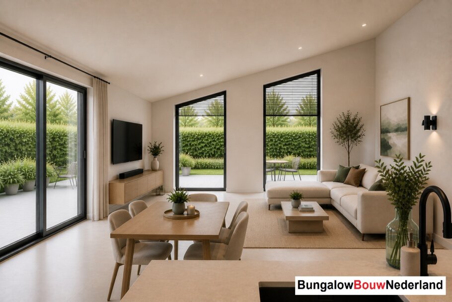 Onderhoudsarme gelijkvloerse bungalow met licht hellend dak en gestuukte gevel met houten accenten als bekleding