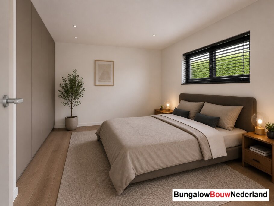 Onderhoudsarme gelijkvloerse bungalow met licht hellend dak en gestuukte gevel met houten accenten als bekleding
