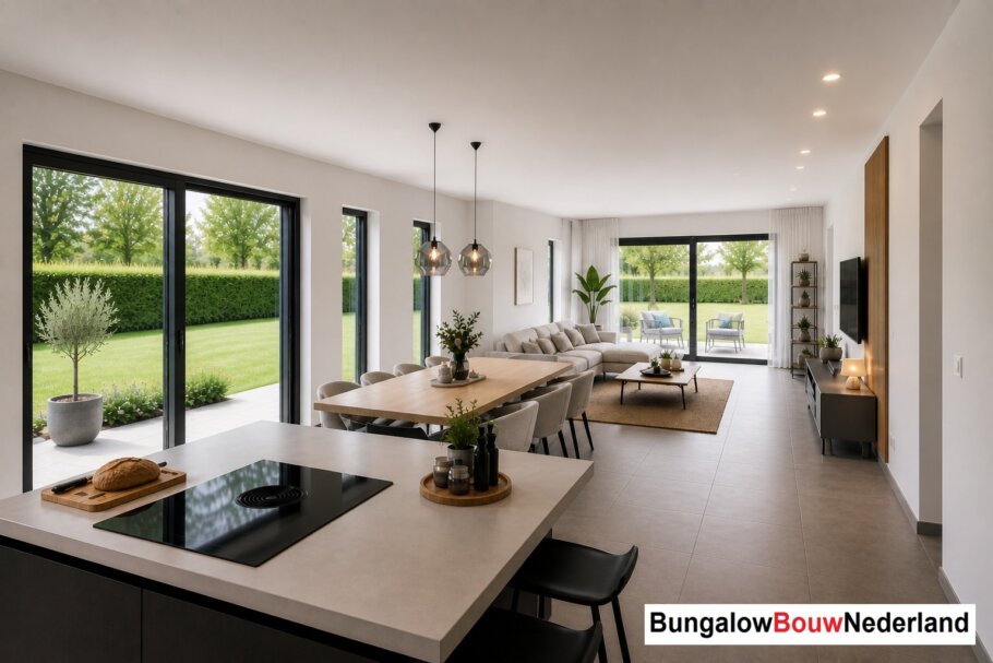 Onderhoudsarme gelijkvloerse bungalow met licht hellend dak en gestuukte gevel met houten accenten als bekleding