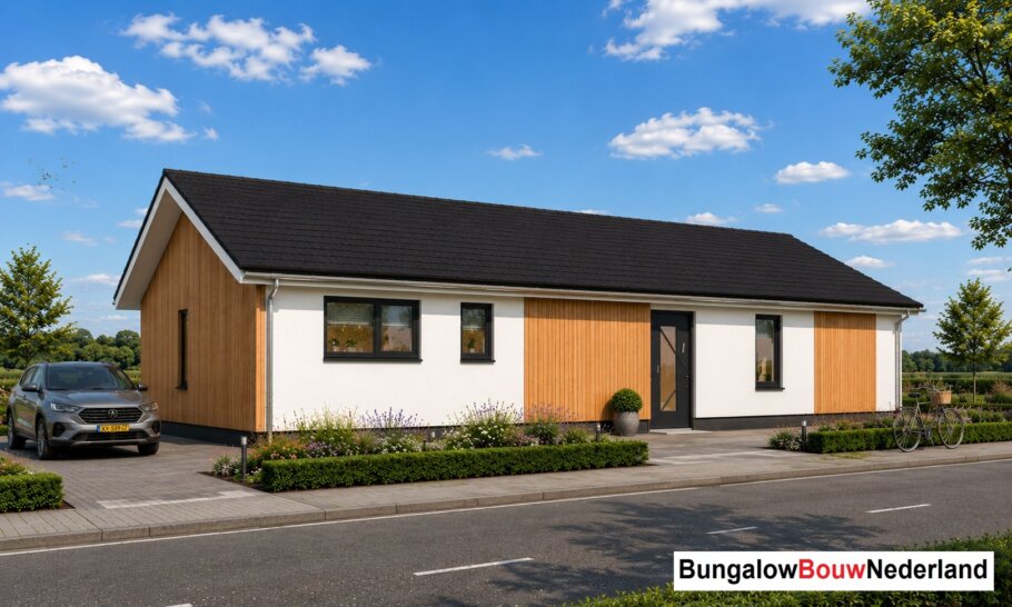 Onderhoudsarme gelijkvloerse bungalow met licht hellend dak en gestuukte gevel met houten accenten als bekleding