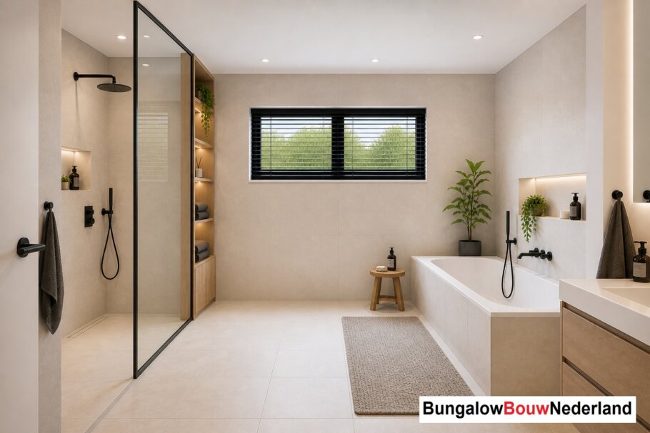 Onderhoudsarme gelijkvloerse bungalow met licht hellend dak en gestuukte gevel met houten accenten als bekleding