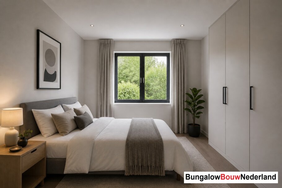 Onderhoudsarme gelijkvloerse bungalow met licht hellend dak en gestuukte gevel met houten accenten als bekleding