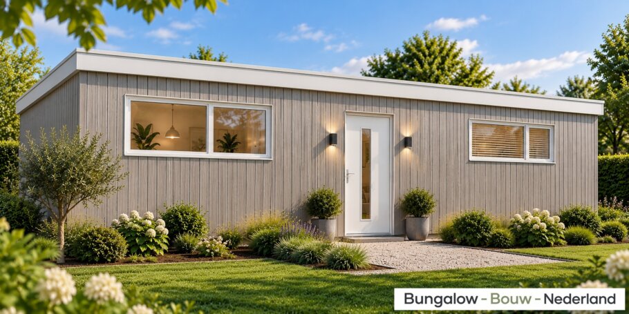 Vooraanzicht prefab mantelzorgwoning van 50 m² met verticale lichtgrijze gevelbekleding en witte kozijnen