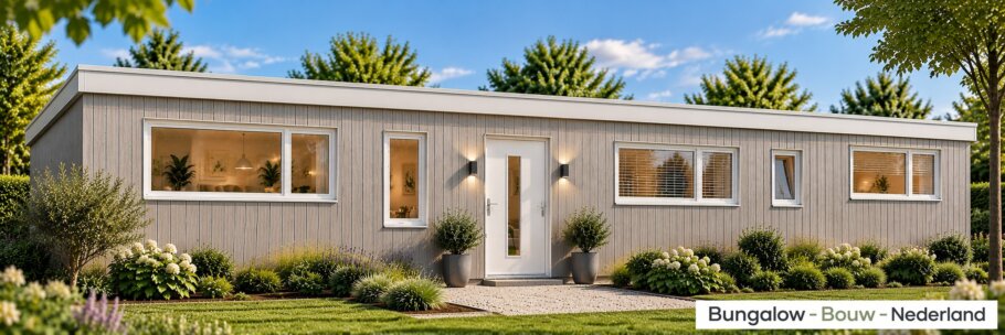 Vooraanzicht prefab mantelzorgwoning van 50 m² met verticale lichtgrijze gevelbekleding en witte kozijnen